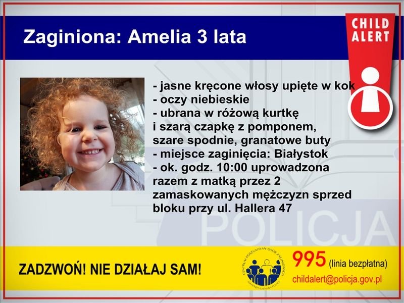 Porwano Amelkę i jej mamę. Policja uruchomiła Child Alert - foto