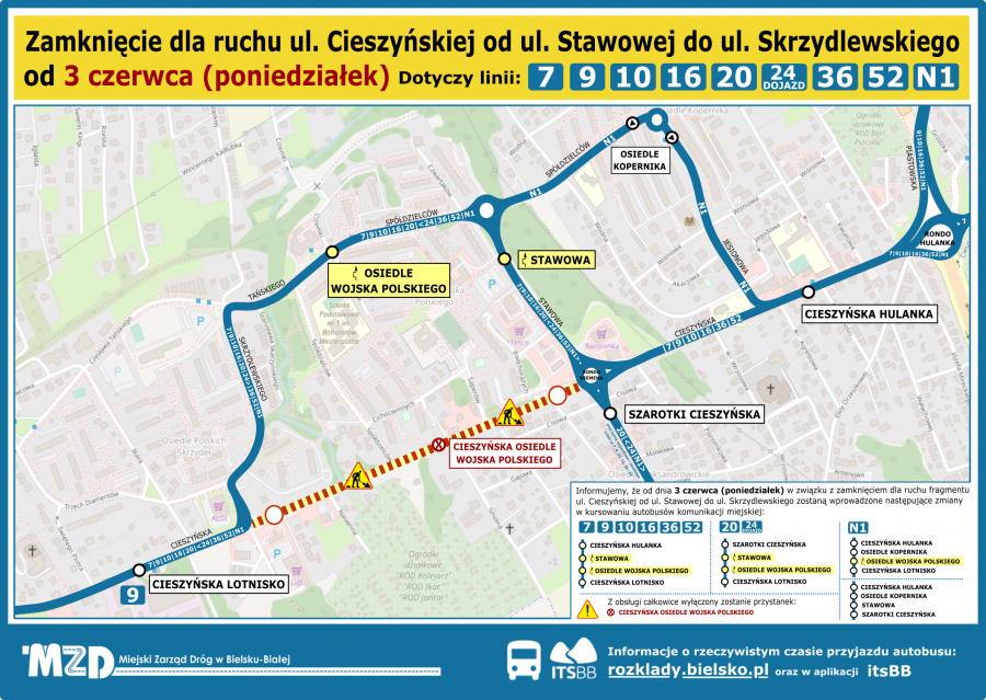 Kolejne utrudnienia na Cieszyńskiej. Zmiana tras wielu autobusów MAPA
