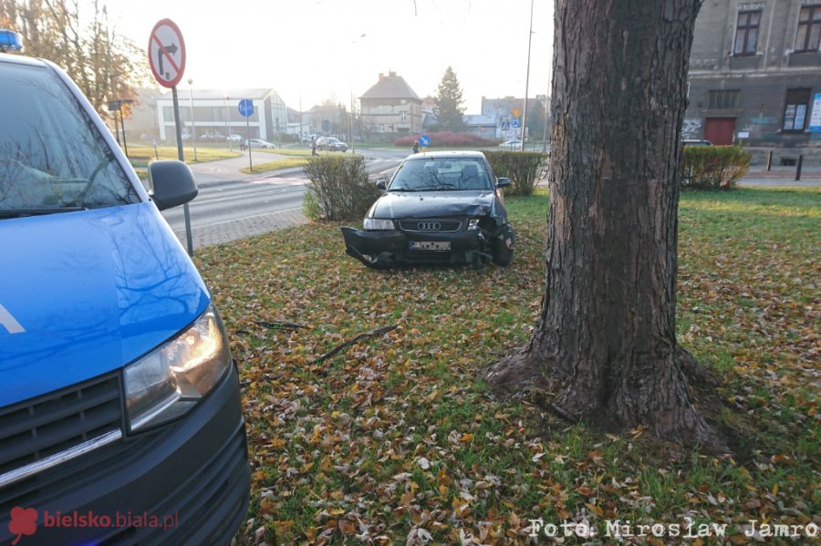 Porzucił rozbite auto. Najpierw skosił znak i uderzył w drzewo - foto
