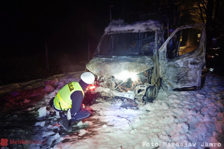 Nocna akcja służb. Najpierw kolizja dostawczaka z drzewem, trzy godziny później pożar wraku - foto