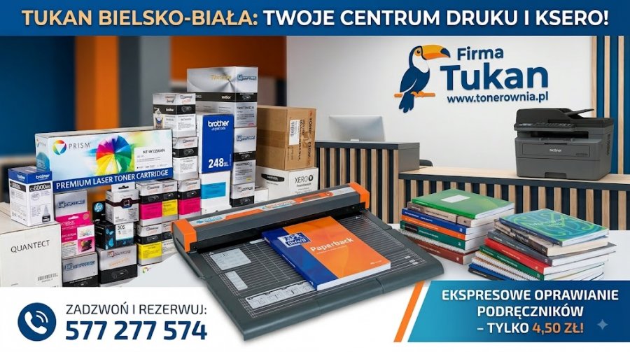 Tusze, tonery, drukarki, oprawianie podręczników i ksero w Bielsku-Białej - Firma Tukan