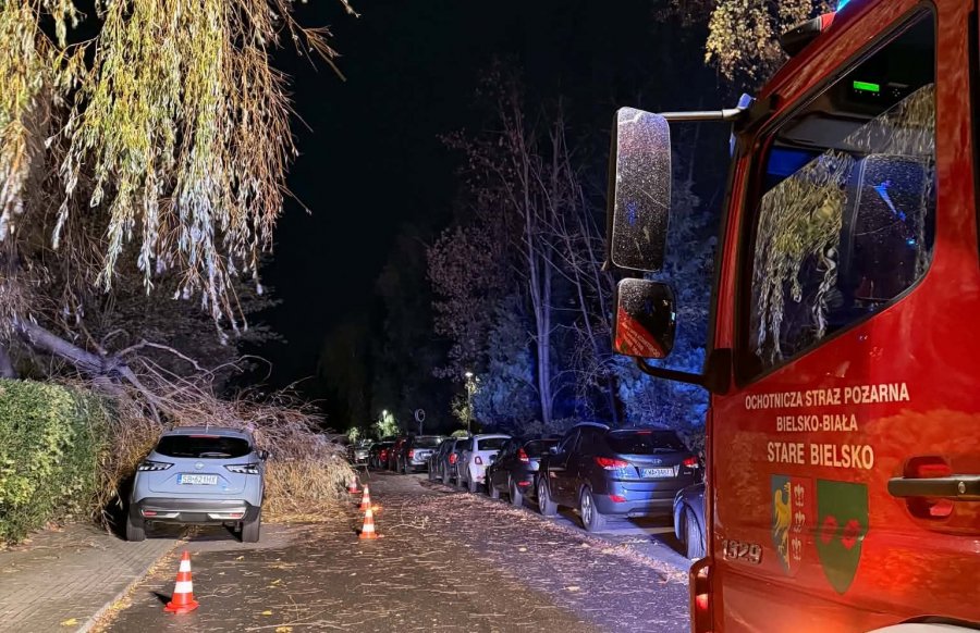 Silny wiatr wyrządził znaczne szkody. Drzewo zmiażdżyło auto, a z wieżowca zerwało elewację - foto