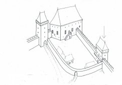Najstarsza faza murowanego zamku w Bielsku wg M. Bicz–Suknarowskiej – widok od strony miasta z 3. ćwierci XIV w. Powstanie baszty od strony południowo-wschodniej (oznaczonej strzałką) należy odnieść do XV lub początków XVI w (według ustaleń B. B. Chorążyc