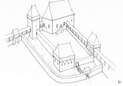 Zamek w Bielsku w XV w. wg M. Bicz-Suknarowskiej – widok od strony miasta.  Rys. M. Bicz-Suknarowska.