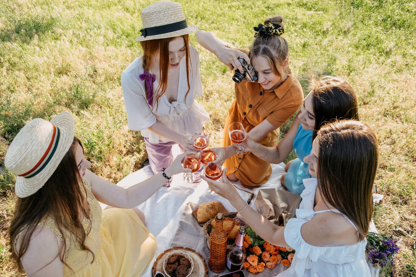 Grupa kobiet na pikniku wnosi toast i robi sobie zdjęcie