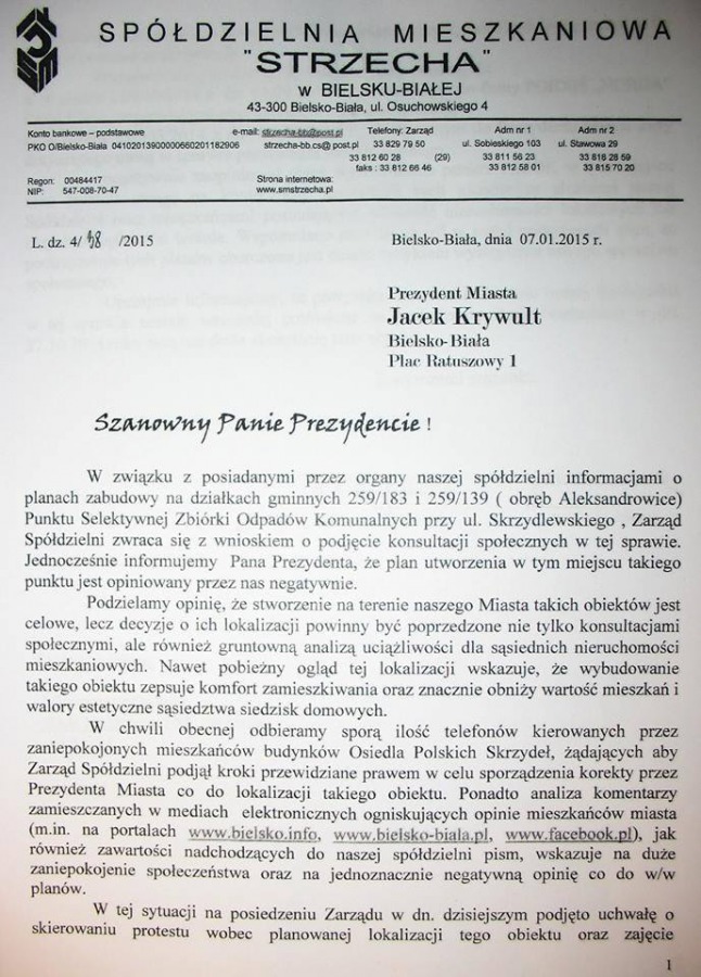 Spółdzielnia zgłaszała sprzeciw