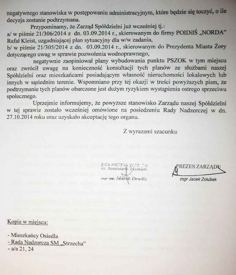 Spółdzielnia zgłaszała sprzeciw