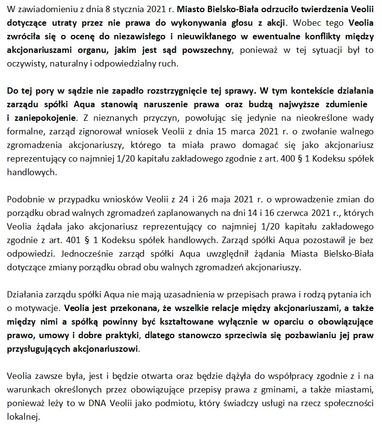 Veolia krytykuje władze Bielska-Białej i Aquę. „Działania bezprawne i siłowe” (WIDEO)
