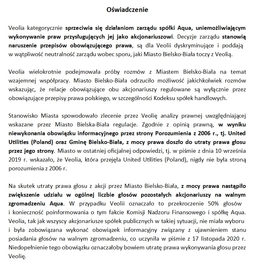 Veolia krytykuje władze Bielska-Białej i Aquę. „Działania bezprawne i siłowe” (WIDEO)