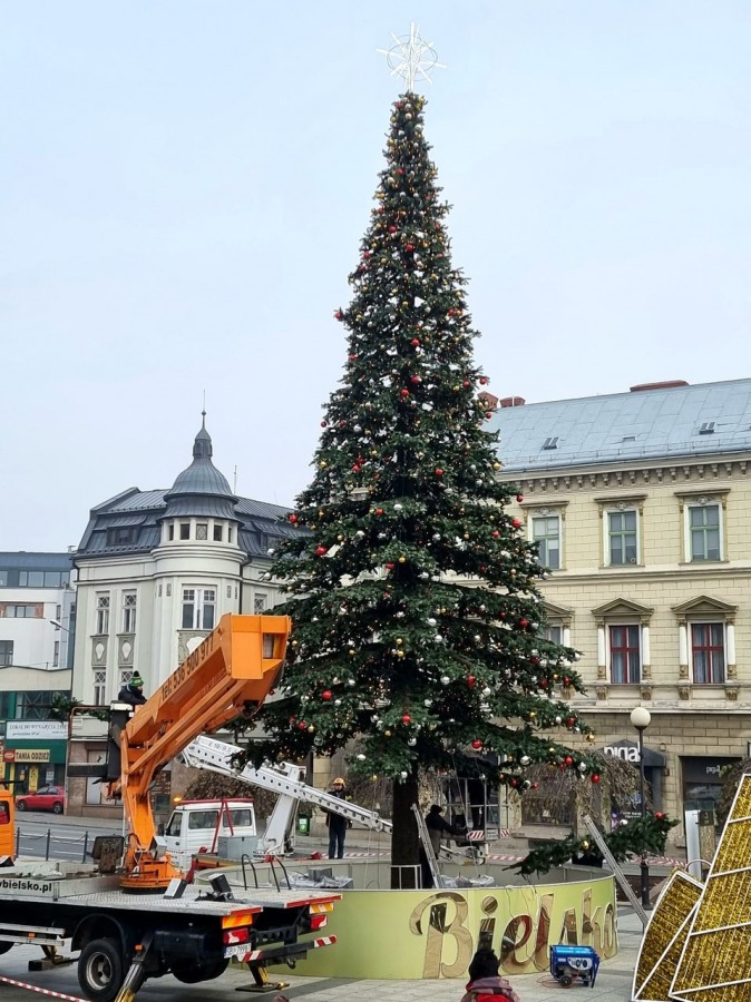 Wielka choinka już stoi na placu Chrobrego! Jest taka piękna, jak w zeszłym roku ZDJĘCIA